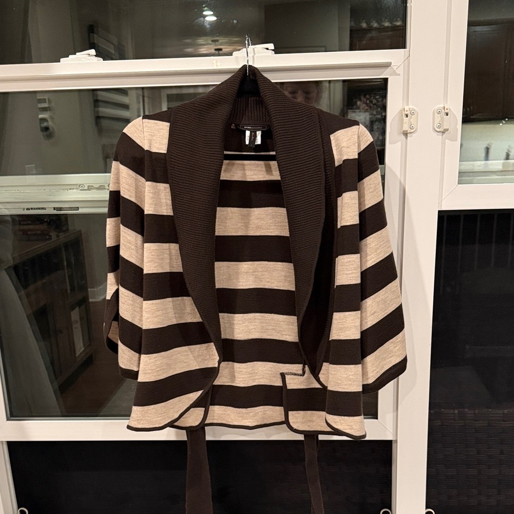 BCBGMaxAzria Chocolate and Beige Knit Tie/Wrap Wool Cardigan size S
